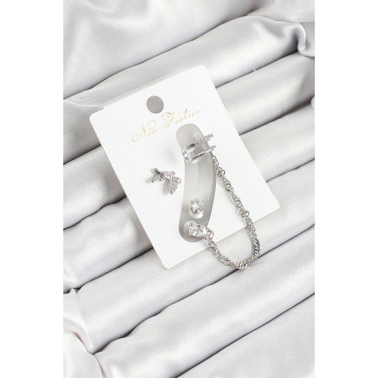 Özel Pirinç Kelebek Figürlü Zirkon Taşlı Renk 3'Lü Kıkırdak Kadın Küpe Set Fırsat!!!