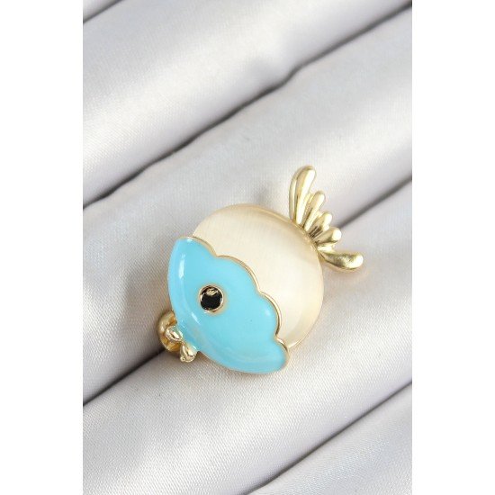 Özel Mineli Turkuaz Ve Krem Balık Figürlü Gold Renk Kadın Broş Fırsat!!!