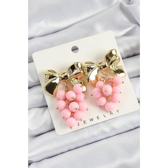 Özel Pirinç Sallantılı Pembe Boncuklu Fiyonk Vintage Model Gold Renk Kadın Küpe Fırsat!!!