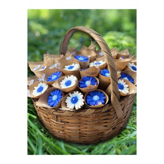 Kişiye Özel Mavi Papatya Buketi Mum Seti, Düğün ve Özel Günler İçin