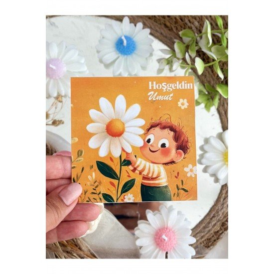 10 Adet Özel Tasarlanmış Kart Ve Papatya Mum. Bebek Doğum, Babyshower, Doğum Günü, Hediyelik