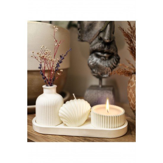 Midye Figürlü Palo Santo Kokulu Dekoratif Mum Seti – Taş Tozu Tepsili Şık Tasarım