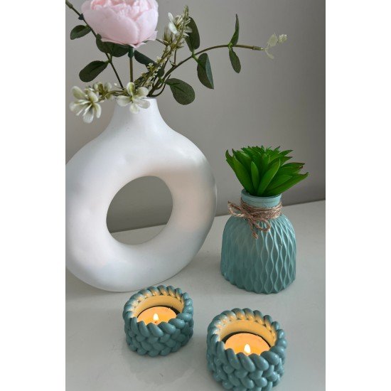 El Yapımı Hasır Görünümlü 2’li Tea Light Taş Mumluk | Dekoratif Mumluk | Hediye Seçeneği