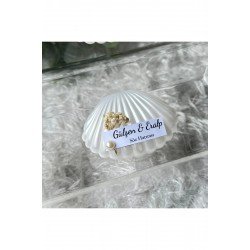 İstiridye Kutuda Mum Hediyelik – Kişiye Özel Etiketli, İnci & Deniz Yıldızı Süslemeli (10 Adet)