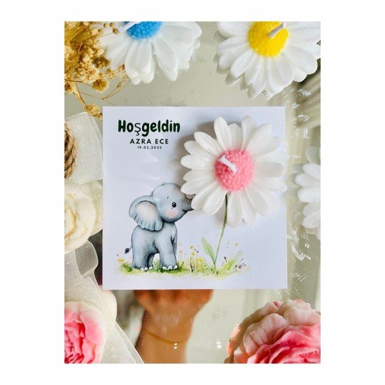25 Adet Özel Tasarlanmış Kart Ve Papatya Mum. Bebek Doğum, Babyshower, Doğum Günü, Hediyelik