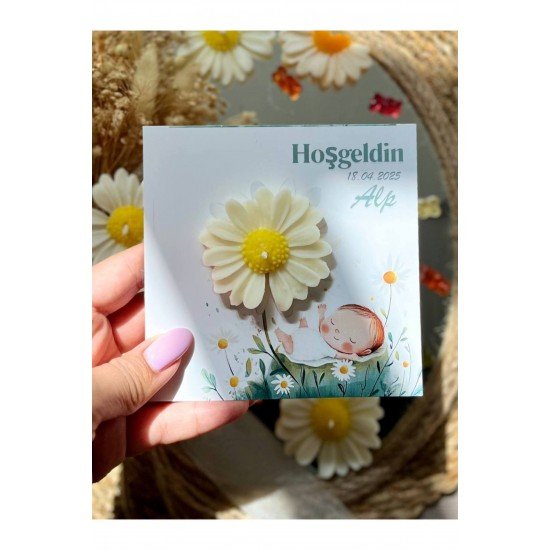25 Adet Özel Tasarlanmış Kart Ve Papatya Mum. Bebek Doğum, Babyshower, Doğum Günü, Hediyelik