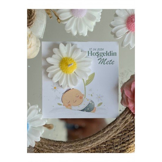 25 Adet Özel Tasarlanmış Kart Ve Papatya Mum. Bebek Doğum, Babyshower, Doğum Günü, Hediyelik