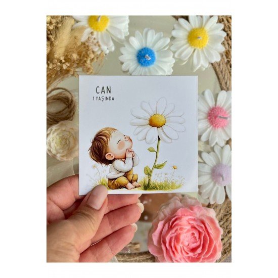 25 Adet Özel Tasarlanmış Kart Ve Papatya Mum. Bebek Doğum, Babyshower, Doğum Günü, Hediyelik