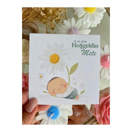 25 Adet Özel Tasarlanmış Kart Ve Papatya Mum. Bebek Doğum, Babyshower, Doğum Günü, Hediyelik