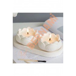 Bernami 3'lü Dekoratif Lotus Mum Ve Beyaz Tabak Seti ( 2 Set Gönderilmektedir.)