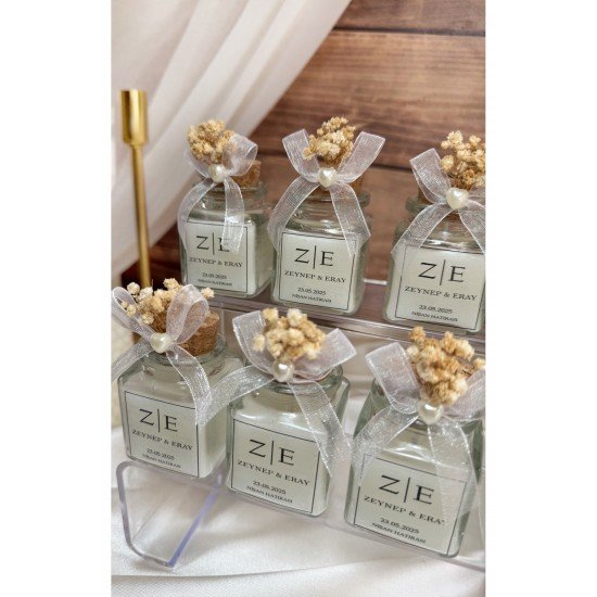 Mantar Tıpalı Kalp İnci Detaylı Cam Kavanoz Mum Söz, Nişan, Nikah, Düğün, Kına Hediyelik -15 Adet