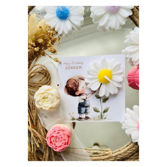 25 Adet Özel Tasarlanmış Kart Ve Papatya Mum. Bebek Doğum, Babyshower, Doğum Günü, Hediyelik