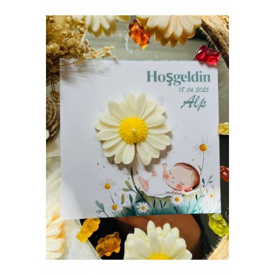 25 Adet Özel Tasarlanmış Kart Ve Papatya Mum. Bebek Doğum, Babyshower, Doğum Günü, Hediyelik