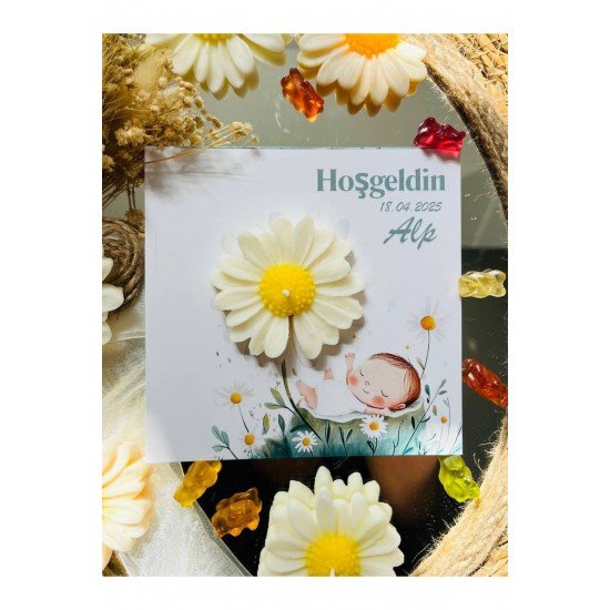 25 Adet Özel Tasarlanmış Kart Ve Papatya Mum. Bebek Doğum, Babyshower, Doğum Günü, Hediyelik