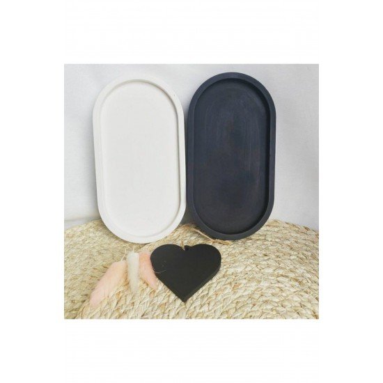 Dekoratif 2'li Oval Beton Biblo Tabak Beton Takı Tabağı Boyali Vernikli Mum Tabağı Organizer Mumluk