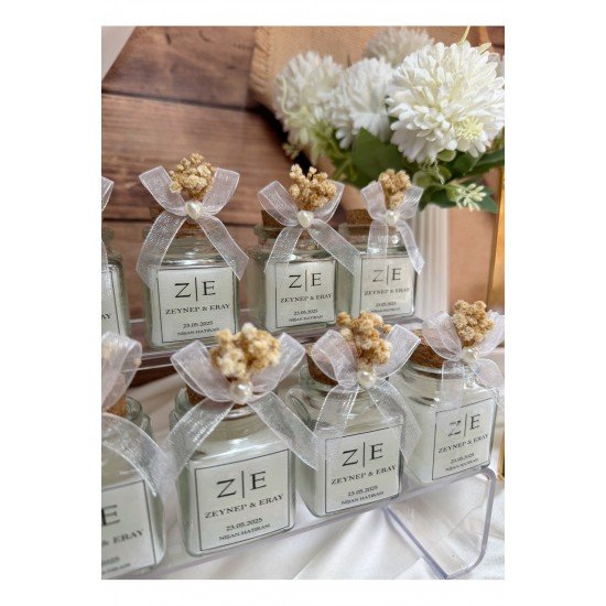 Mantar Tıpalı Kalp İnci Detaylı Cam Kavanoz Mum Söz, Nişan, Nikah, Düğün, Kına Hediyelik -15 Adet