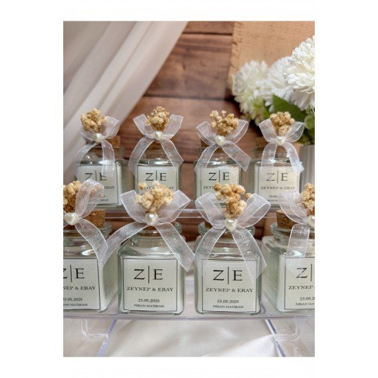 Mantar Tıpalı Kalp İnci Detaylı Cam Kavanoz Mum Söz, Nişan, Nikah, Düğün, Kına Hediyelik -15 Adet