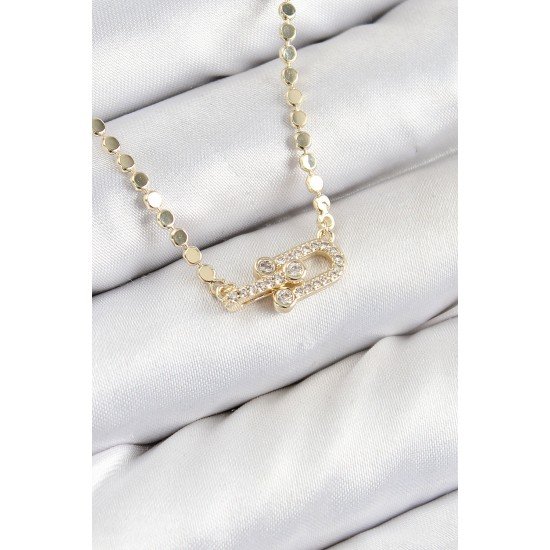 Özel Pirinç Zirkon Taşlı Tifany Model Ezme Zincir Gold Renk Kadın Kolye Fırsat!!!