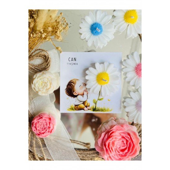 25 Adet Özel Tasarlanmış Kart Ve Papatya Mum. Bebek Doğum, Babyshower, Doğum Günü, Hediyelik