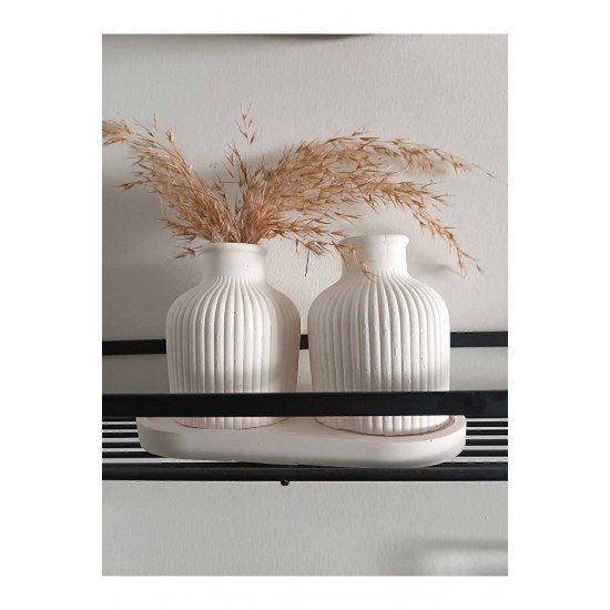 Pampas Vazo Takımı 2'li, Pampas Takımı; Beyaz Beton Dekorasyon, Ev Dekorasyonu(Altlık hariç)