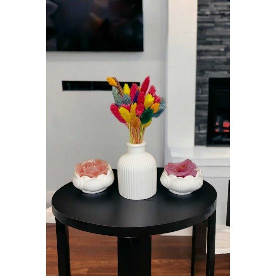 Estevia Kuru Çiçek Için Pampas Çizgili Vazo Ve Ikili Lotus Çiçeği Mumluk Set (3 PARÇA) Dekoratif