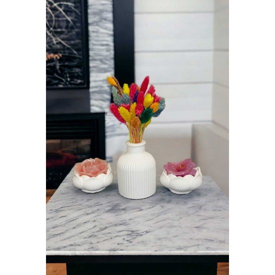 Estevia Kuru Çiçek Için Pampas Çizgili Vazo Ve Ikili Lotus Çiçeği Mumluk Set (3 PARÇA) Dekoratif