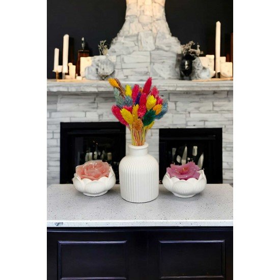 Estevia Kuru Çiçek Için Pampas Çizgili Vazo Ve Ikili Lotus Çiçeği Mumluk Set (3 PARÇA) Dekoratif