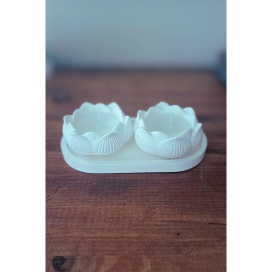 Pinterest İkili Lotus Mum Seti – Kokusuz Dumansız Taş Tozu Tasarım (Tabak Dahil)