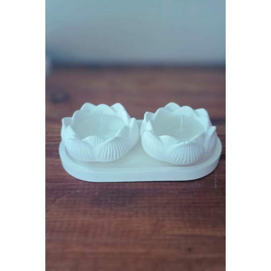 Pinterest İkili Lotus Mum Seti – Kokusuz Dumansız Taş Tozu Tasarım (Tabak Dahil)