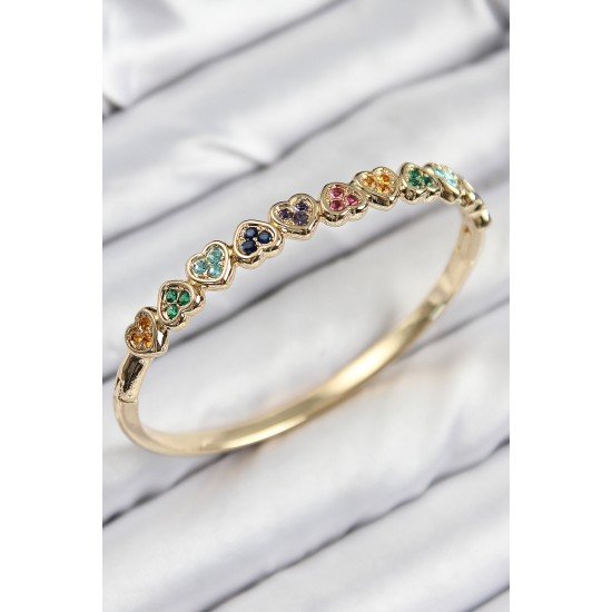 Özel Pirinç Renkli Zirkon Taşlı Sıralı Kalp Model Gold Renk Kadın Kelepçe Fırsat!!!