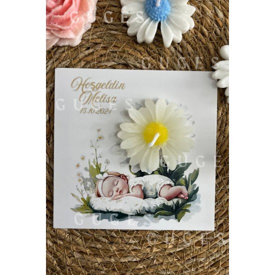 10 Adet Özel Tasarlanmış Kart Ve Papatya Mum. Bebek Doğum, Babyshower, Doğum Günü, Hediyelik