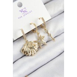 Özel Pirinç Zirkon Taşlı 3'Lü İstiridye Ve Yıldız Model Gold Renk Kadın Küpe Fırsat!!!