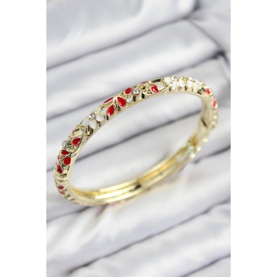 Özel Mineli Pirinç Zirkon Taşlı Kırmızı Çiçek Motifli Gold Kadın Kelepçe Fırsat!!!