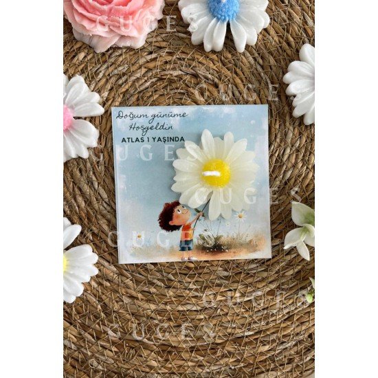 10 Adet Özel Tasarlanmış Kart Ve Papatya Mum. Bebek Doğum, Babyshower, Doğum Günü, Hediyelik