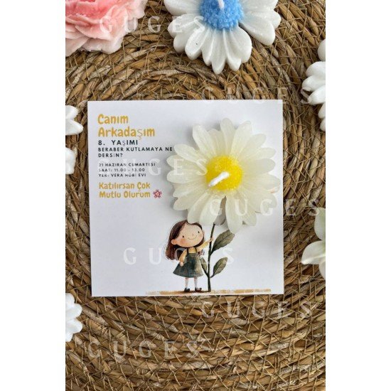 10 Adet Özel Tasarlanmış Kart Ve Papatya Mum. Bebek Doğum, Babyshower, Doğum Günü, Hediyelik