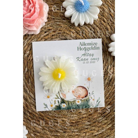 10 Adet Özel Tasarlanmış Kart Ve Papatya Mum. Bebek Doğum, Babyshower, Doğum Günü, Hediyelik