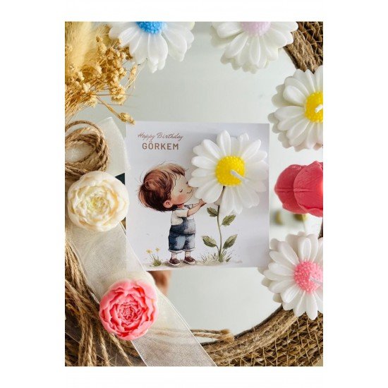 20 Adet Özel Tasarlanmış Kart Ve Papatya Mum. Bebek Doğum, Babyshower, Doğum Günü, Hediyelik