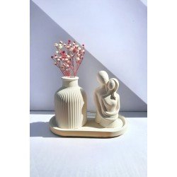 Dekoratif Minyatür Sarılan Sevgili Biblo Mini Kuru Çiçek Pampas Vazo Set