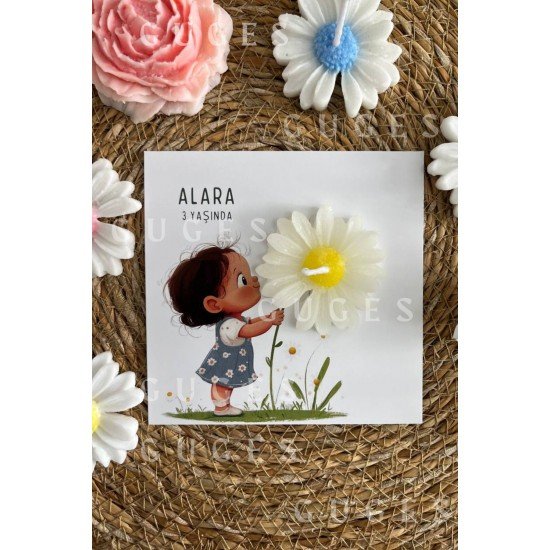10 Adet Özel Tasarlanmış Kart Ve Papatya Mum. Bebek Doğum, Babyshower, Doğum Günü, Hediyelik