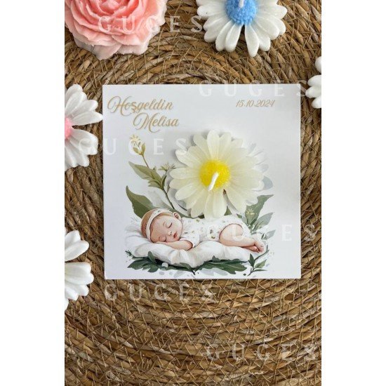 10 Adet Özel Tasarlanmış Kart Ve Papatya Mum. Bebek Doğum, Babyshower, Doğum Günü, Hediyelik