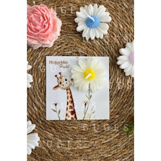 10 Adet Özel Tasarlanmış Kart Ve Papatya Mum. Bebek Doğum, Babyshower, Doğum Günü, Hediyelik