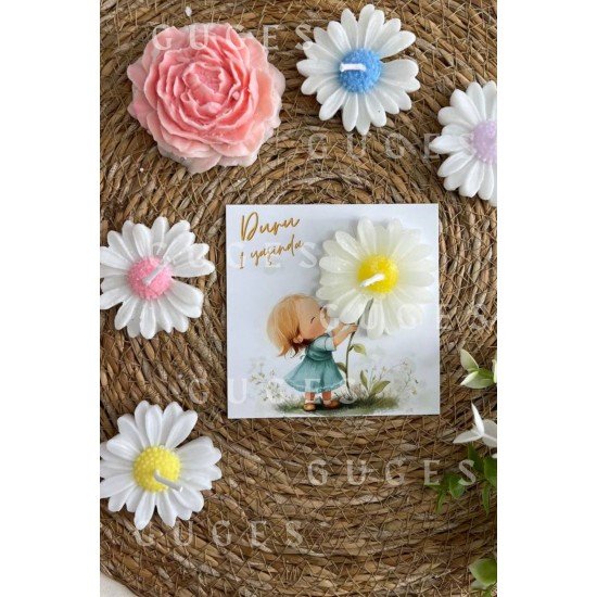 10 Adet Özel Tasarlanmış Kart Ve Papatya Mum. Bebek Doğum, Babyshower, Doğum Günü, Hediyelik