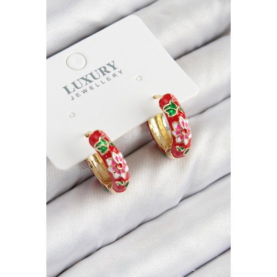 Özel Pirinç Gold Renk Kırmızı Çiçek İşleme Mineli Kadın Küpe Fırsat!!!