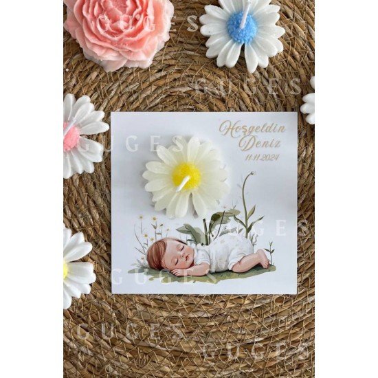 10 Adet Özel Tasarlanmış Kart Ve Papatya Mum. Bebek Doğum, Babyshower, Doğum Günü, Hediyelik