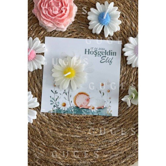 10 Adet Özel Tasarlanmış Kart Ve Papatya Mum. Bebek Doğum, Babyshower, Doğum Günü, Hediyelik