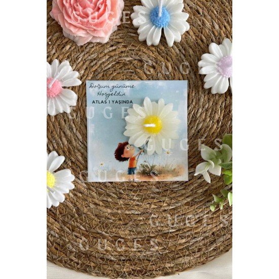 10 Adet Özel Tasarlanmış Kart Ve Papatya Mum. Bebek Doğum, Babyshower, Doğum Günü, Hediyelik