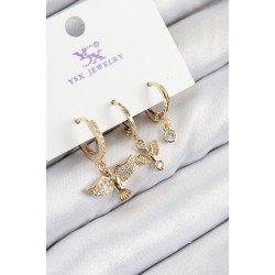Özel Pirinç Zirkon Taşlı 3'Lü Kuş Model Gold Renk Kadın Küpe Fırsat!!!