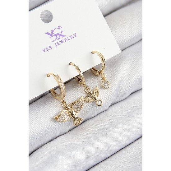 Özel Pirinç Zirkon Taşlı 3'Lü Kuş Model Gold Renk Kadın Küpe Fırsat!!!