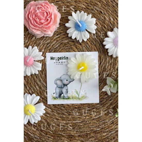 10 Adet Özel Tasarlanmış Kart Ve Papatya Mum. Bebek Doğum, Babyshower, Doğum Günü, Hediyelik