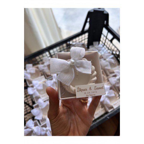 Nikah Nişan Düğün İsime Etiket Süsleme Pinterest Kurdele Kutulu Burgu Model Mum Beyaz - 5 Adet